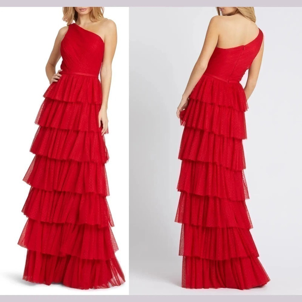 NWOT Ieena for Mac Duggal Mesh Ruffle One Shoulder Tiered Gown Women Red Size 10
